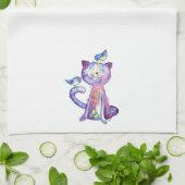 鳥がお洒落いる可愛い紫猫 キッチンタオル (折り畳み)