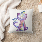 鳥がお洒落いる可愛い紫猫 クッション (ブランケット)