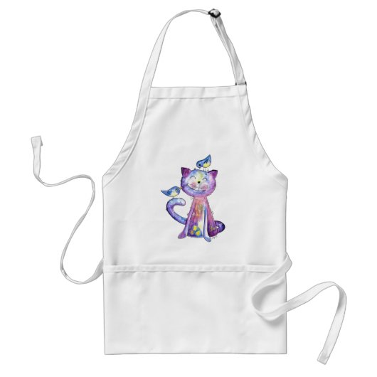 鳥がお洒落いる可愛い紫猫 スタンダードエプロン (正面)