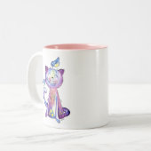 鳥がお洒落いる可愛い紫猫 ツートーンマグカップ (正面左)