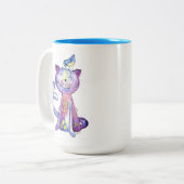 鳥がお洒落いる可愛い紫猫 ツートーンマグカップ (正面左)