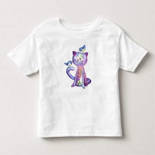 鳥がお洒落いる可愛い紫猫 トドラーTシャツ (正面)
