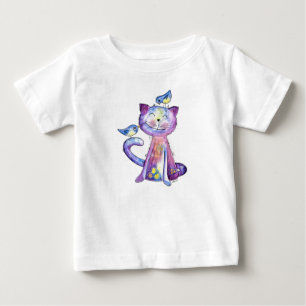 鳥がお洒落いる可愛い紫猫 ベビーTシャツ