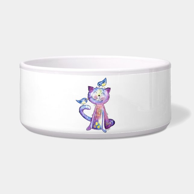 鳥がお洒落いる可愛い紫猫 ボウル (正面)