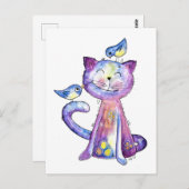 鳥がお洒落いる可愛い紫猫 ポストカード (正面/裏面)