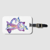 鳥がお洒落いる可愛い紫猫 ラゲッジタグ (正面横)