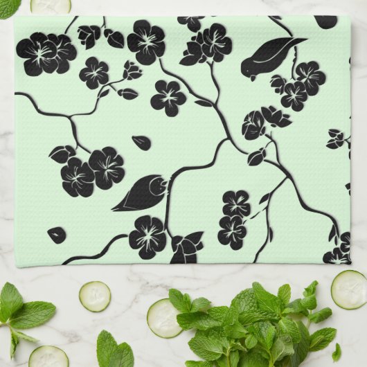 鳥がさくらんぼに咲き黒とミントグリーン キッチンタオル (折り畳み)