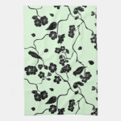 鳥がさくらんぼに咲き黒とミントグリーン キッチンタオル (縦)