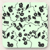 鳥がさくらんぼに咲き黒とミントグリーン コースター (正面)