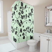 鳥がさくらんぼに咲き黒とミントグリーン シャワーカーテン (インサイチュ)