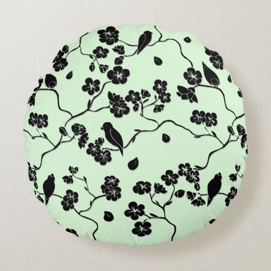 鳥がさくらんぼに咲き黒とミントグリーン ラウンドクッション (正面)