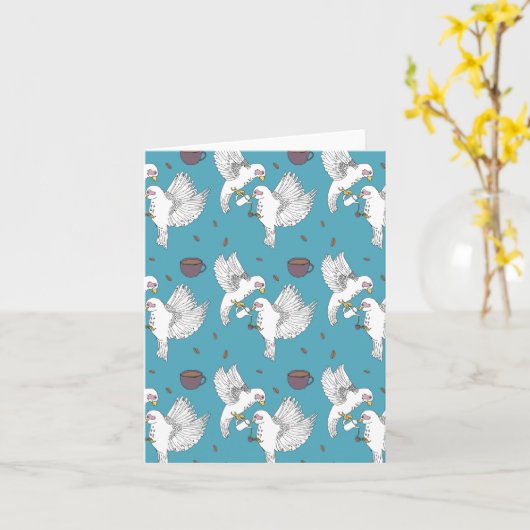 鳥がコーヒーを飲む カード (黄色い花)