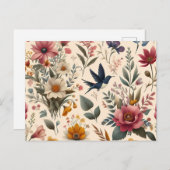 鳥が乗った花飛んでいる柄 インビテーションポストカード (正面/裏面)