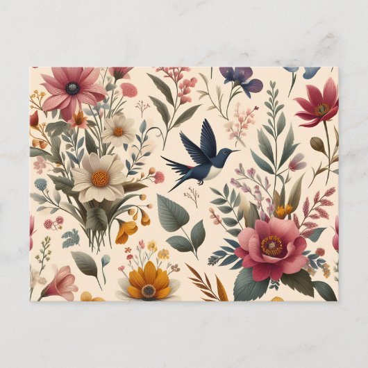 鳥が乗った花飛んでいる柄 インビテーションポストカード (正面)