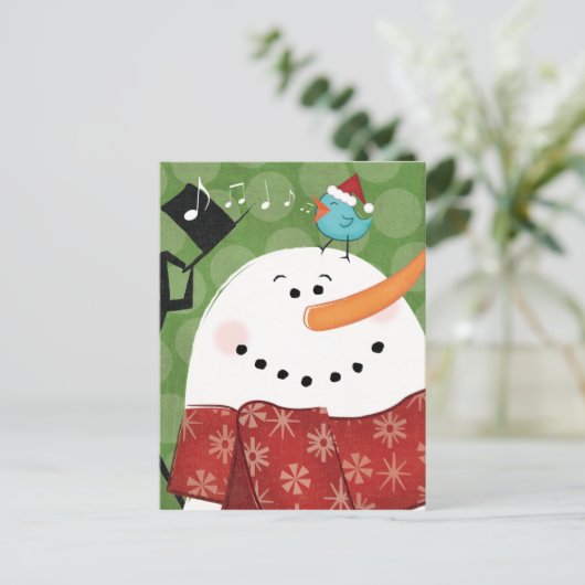 鳥が付いているクリスマスの雪だるま シーズンポストカード (スタンド正面)