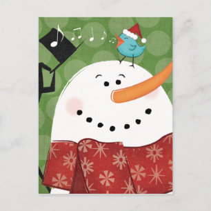 鳥が付いているクリスマスの雪だるま シーズンポストカード