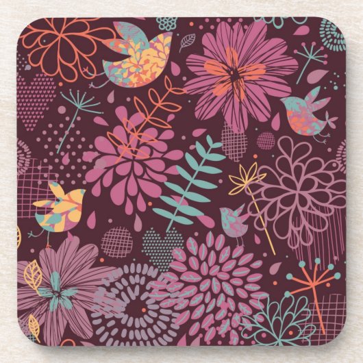 鳥が付いている抽象的な花パターン コースター (正面)