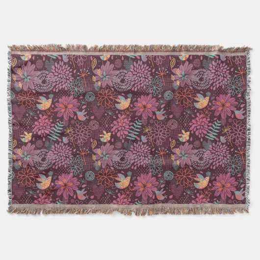 鳥が付いている抽象的な花パターン スローブランケット (正面)