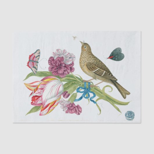 鳥が付いている旧式なチューリップの花束 薄葉紙 (正面)