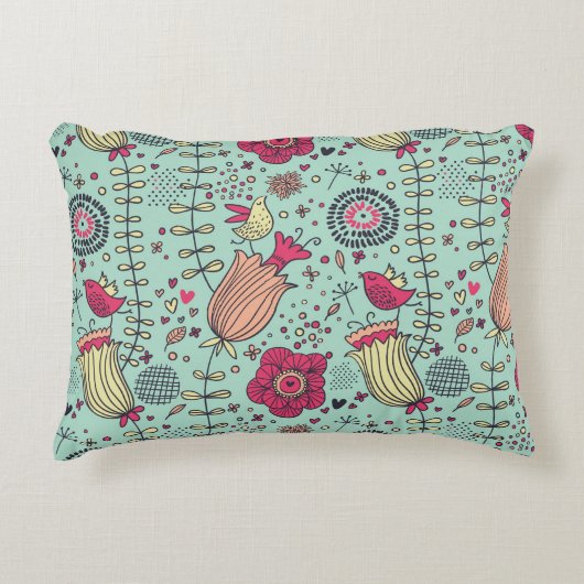 鳥が付いている漫画の花パターン アクセントクッション (正面)
