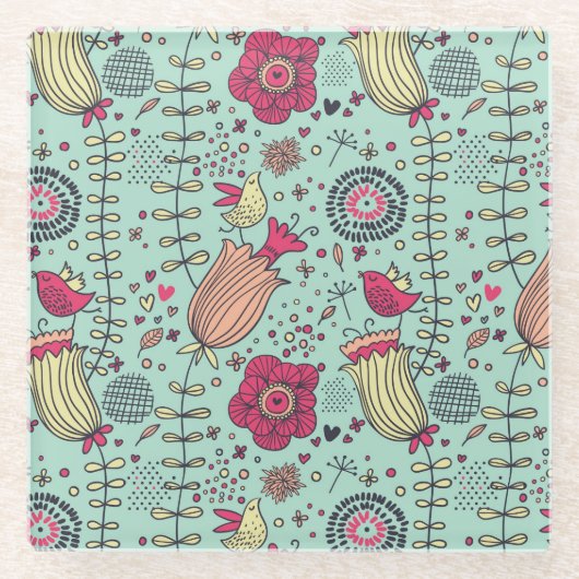 鳥が付いている漫画の花パターン ガラスコースター (正面)