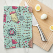 鳥が付いている漫画の花パターン キッチンタオル (四つ折り)