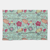 鳥が付いている漫画の花パターン キッチンタオル (横)