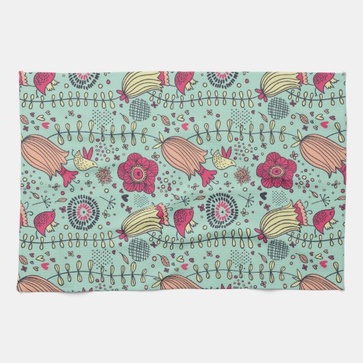 鳥が付いている漫画の花パターン キッチンタオル (横)