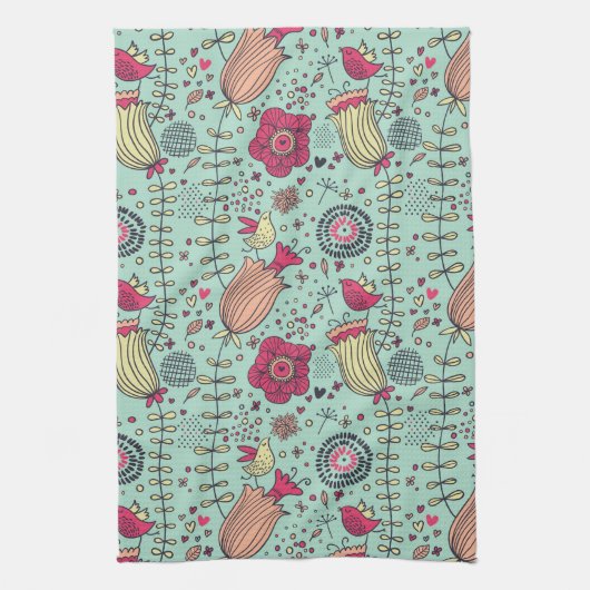 鳥が付いている漫画の花パターン キッチンタオル (縦)