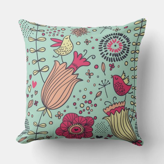 鳥が付いている漫画の花パターン クッション (正面)