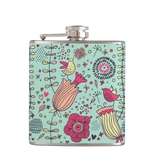 鳥が付いている漫画の花パターン フラスク (正面)