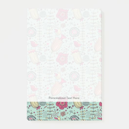 鳥が付いている漫画の花パターン ポストイット (正面)