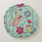 鳥が付いている漫画の花パターン ラウンドクッション (裏面)