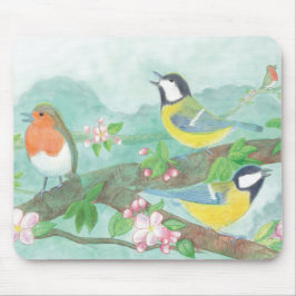 鳥が春で咲く木の枝で歌う マウスパッド