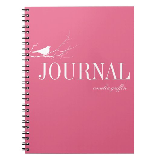 鳥が木の枝に止まったピンクのカスタム雑誌 ノートブック (正面)