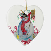 鳥が赤く咲く酔っ払いの雪だるまハート セラミックオーナメント (右)