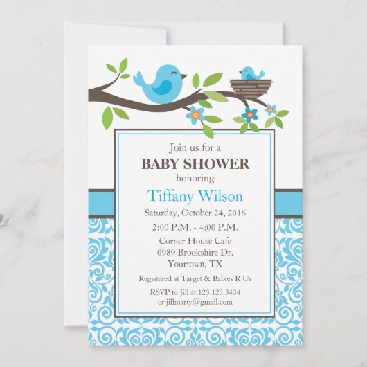 鳥が赤ちゃんシャワーを青に巣 招待状 (正面)