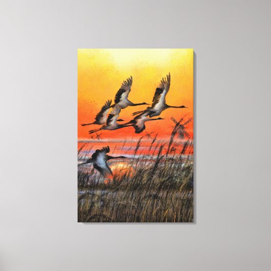 鳥が飛ぶ夕焼けキャンバスプリント - 絵画アート キャンバスプリント (正面)