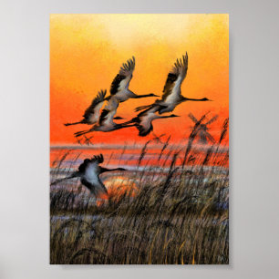 鳥が飛ぶ夕焼けポスター印刷 - 絵画アート ポスター