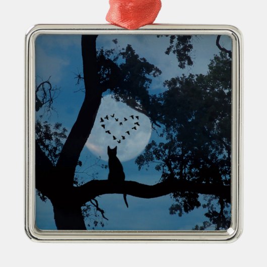 鳥が飾る、かわいい猫と月ハート メタルオーナメント (正面)