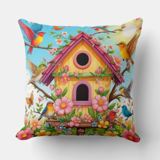 鳥が鳥小屋をのまわりにかがむ クッション (正面)