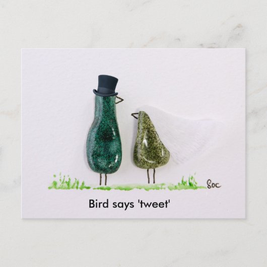 鳥が 'さえずり' と言う陶器の緑の結婚式のカップル ポストカード (正面)