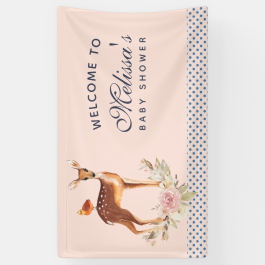 鳥とかわいらしバラ付き茶色の子鹿ベイビーシャワー 横断幕 (縦)