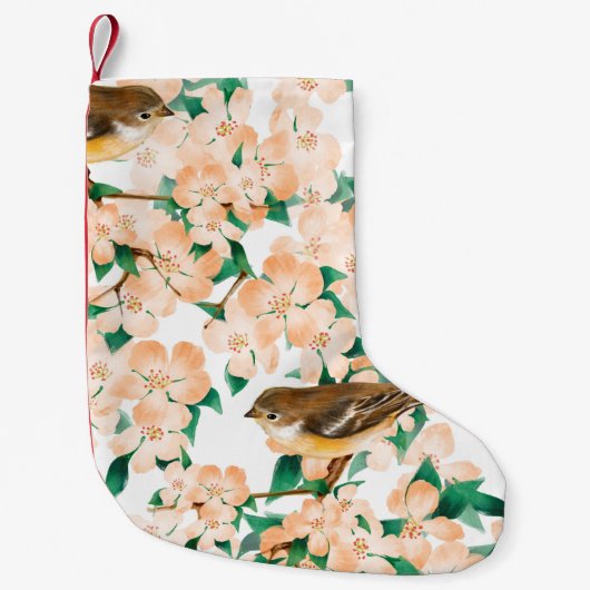 鳥とのシームレスな花柄 スモールクリスマスストッキング (正面)