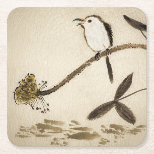 鳥との中国ので伝統的なインク絵画 スクエアペーパーコースター