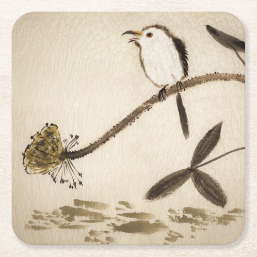 鳥との中国ので伝統的なインク絵画 スクエアペーパーコースター (正面)