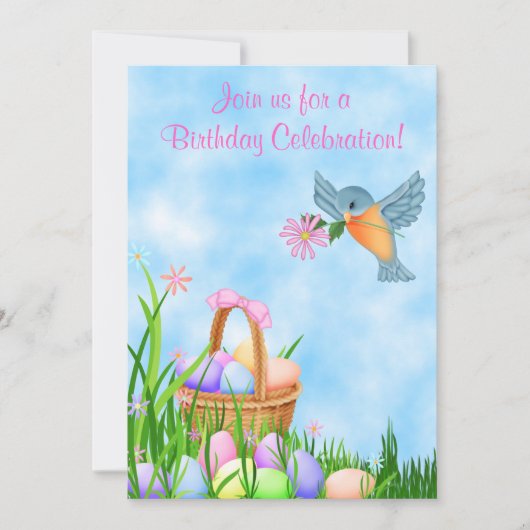 鳥とイースターバスケットの誕生日招待状 〜 女の子 招待状 (正面)