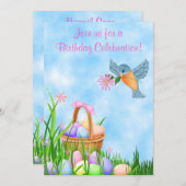 鳥とイースターバスケット誕生日招待状～女の子 招待状 (正面/裏面)