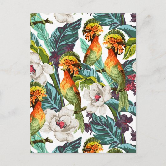 鳥とエキゾチックな花の模様2 ポストカード (正面)