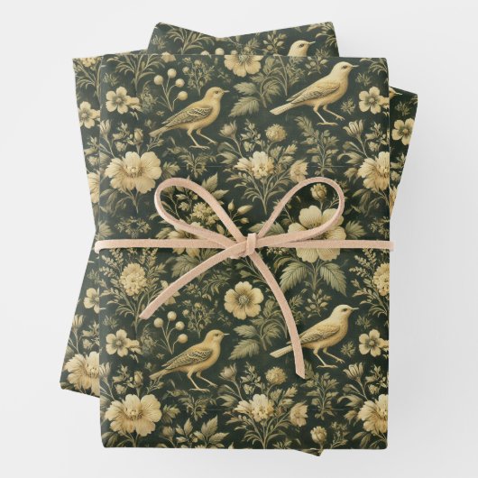 鳥とエレガントフローラのヴィンテージの折り返しと切り離し ラッピングペーパーシート (インサイチュ)
